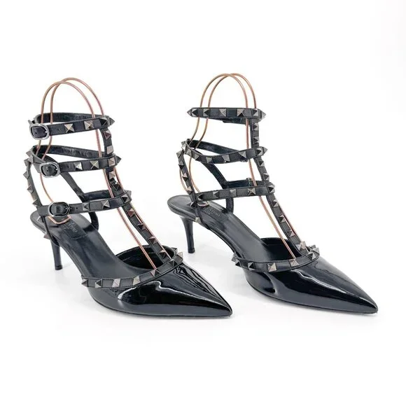 Valentino Rockstud Black Patent Leather Caged Strappy Pumps Heels Size 40 US 10 - Picture 1 of 13